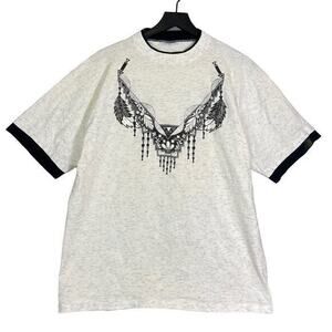 Unisex Off-White Graphic Ringer T-Shirt Dream Catcher Print Size L Vintage Style